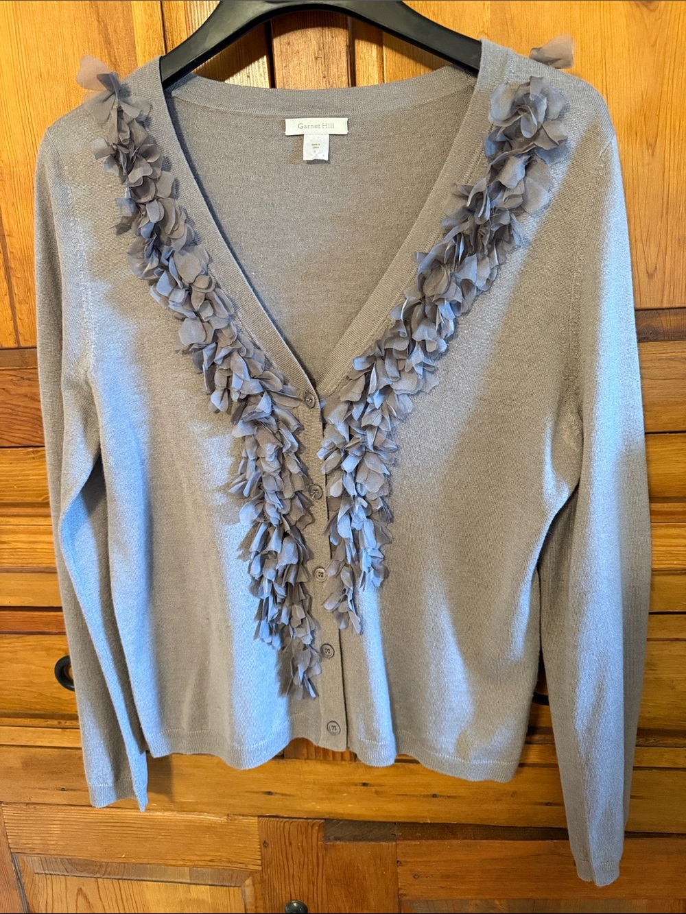 Garnet Hill Gray V-Neck Cardigan with Floral Trim